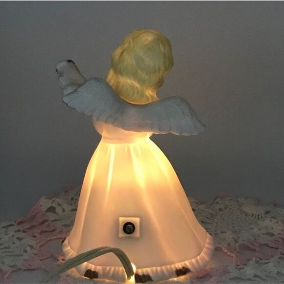 Vintage Porcelain Bisque Angel Night Light Lamp Pink 7 in - Picture 5 of 15
